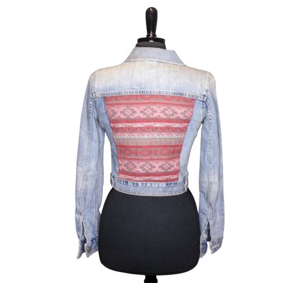 American Eagle Denim Jacket Tribal Tapestry Weave Back Aztec Southwest - Picture 4 of 5